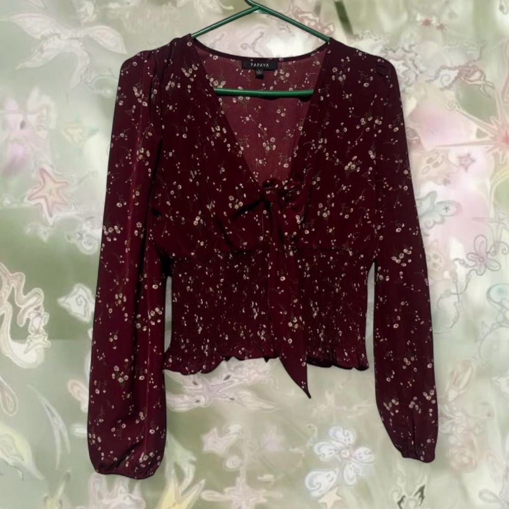 Papaya Burgundy Floral Smocked Waist Peasant Top